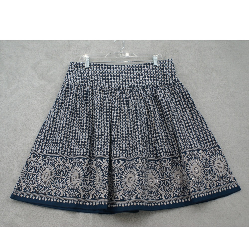 St. Johns Bay Blue White Paisley Sequin Cotton A-Line Skirt Women Size 16 Boho